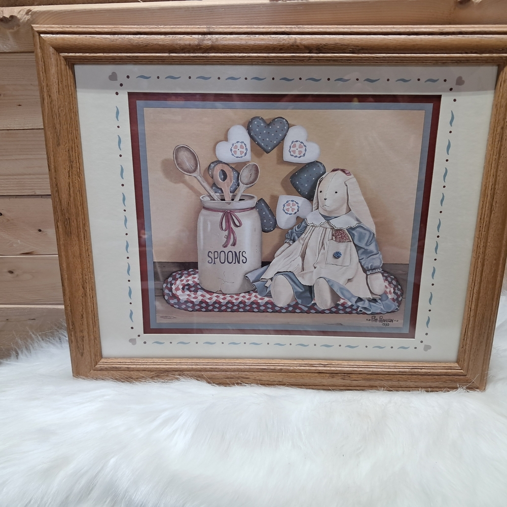 1990s Pat Pearson Framed 17x14 print Wall Art with Bunny and Spoons and Hearts